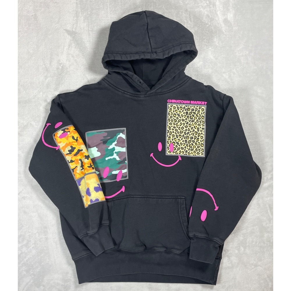 Chinatown Market Smiley Hoodie Men's M Black Camo Leopard Graphic Pullover